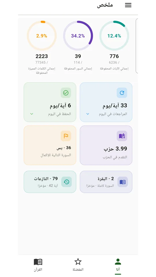 شاشة الملخّص في تطبيق ورد